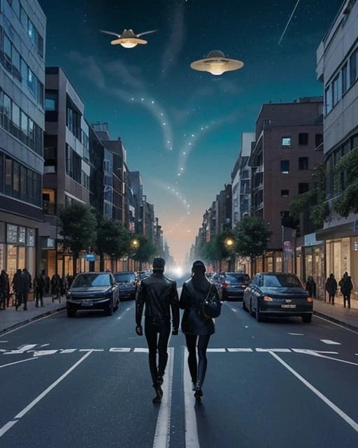 A modern city in 2050, UFO in the sky, people walking down street,night time, clouds in sky