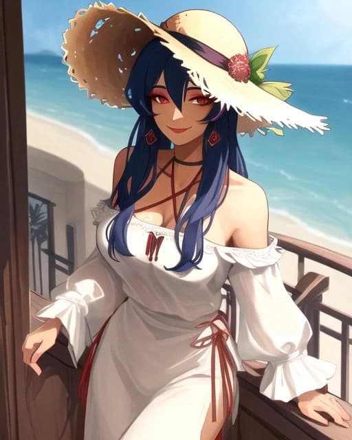 A woman, wearing modern clothes, smiling, straw hat, on balcony, makeup, beach behind